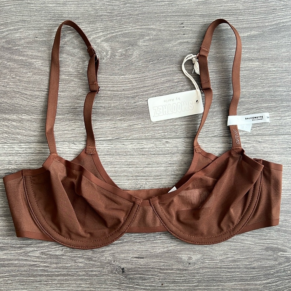 SMOOTHEZ by Aerie Balconette Mesh Bra Size 34B Universe Brown Underwire Sheer